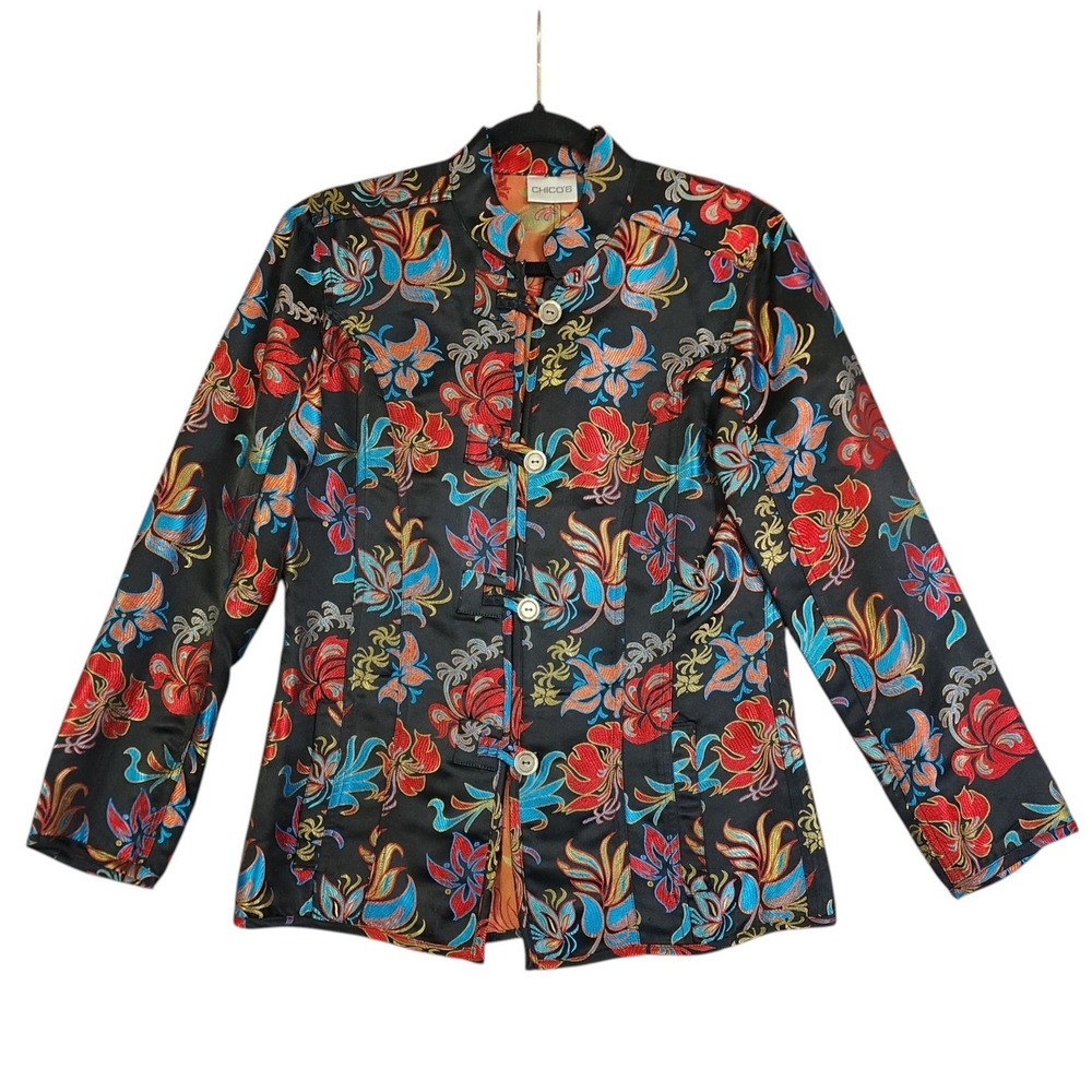 Chicos Womens Silk Blend Floral Jacquard Jacket Size Small Mandarin Collar Asian